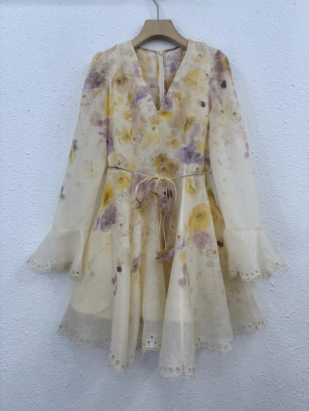 Silk Linen Women New Lace Long Puff Sleeve Floral Printing Mini Dress Bohemian Vintage High Quality Spring V-Neck Chic Elegant