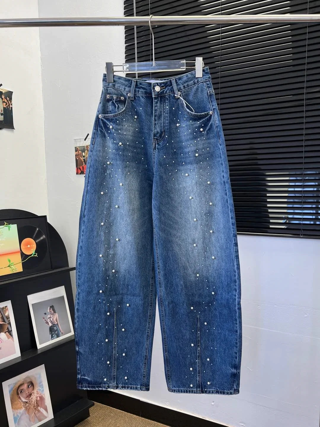 2025 New embroidered retro jeans women's fashion pearl high-waisted jeans retro fashion street casual pants hip-hop
