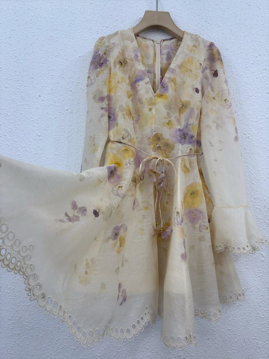 Silk Linen Women New Lace Long Puff Sleeve Floral Printing Mini Dress Bohemian Vintage High Quality Spring V-Neck Chic Elegant