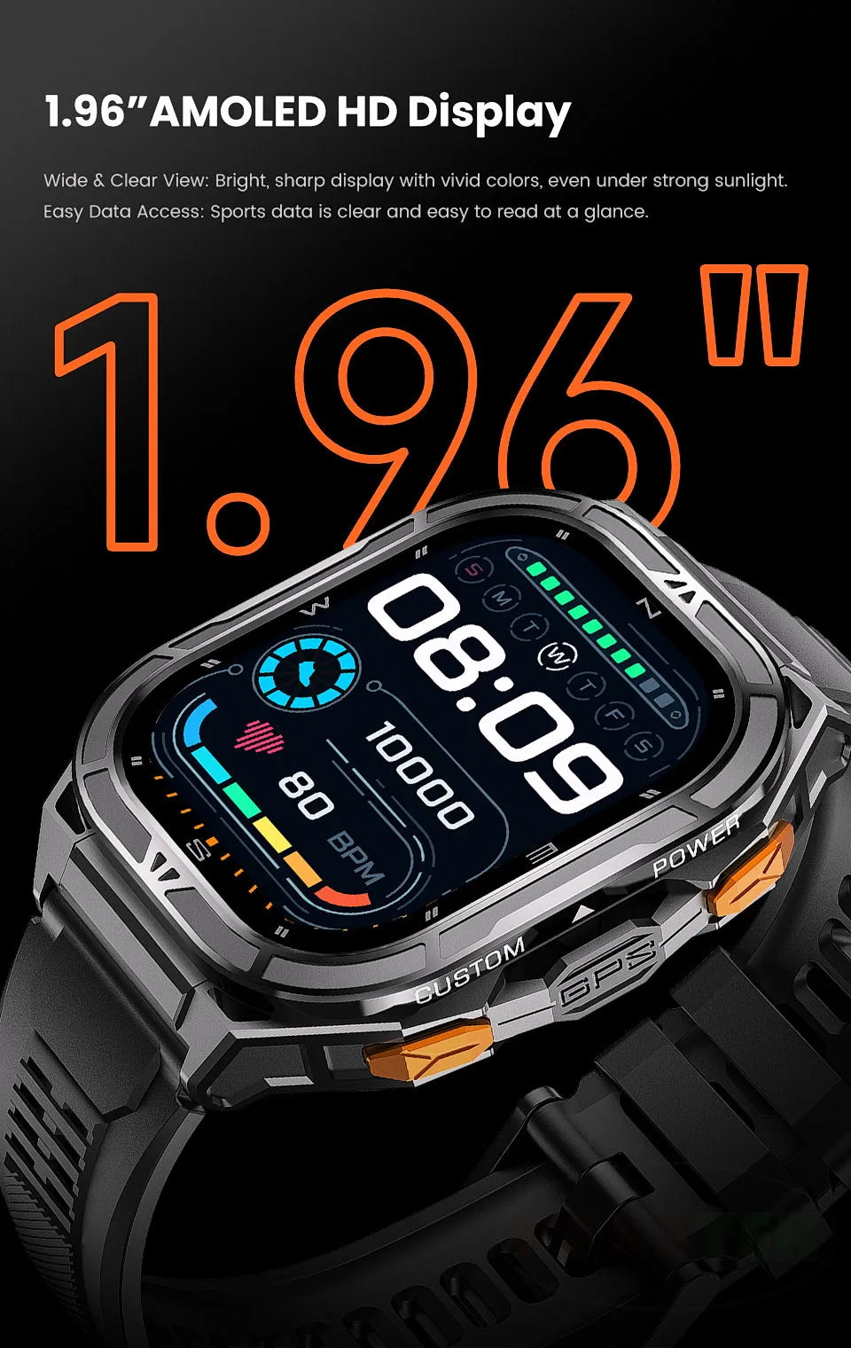 X5 GPS-Sportuhr 1,96 Zoll AMOLED-Bildschirm Herzfrequenzmesser 5 ATM Wasserdichte Smartwatch