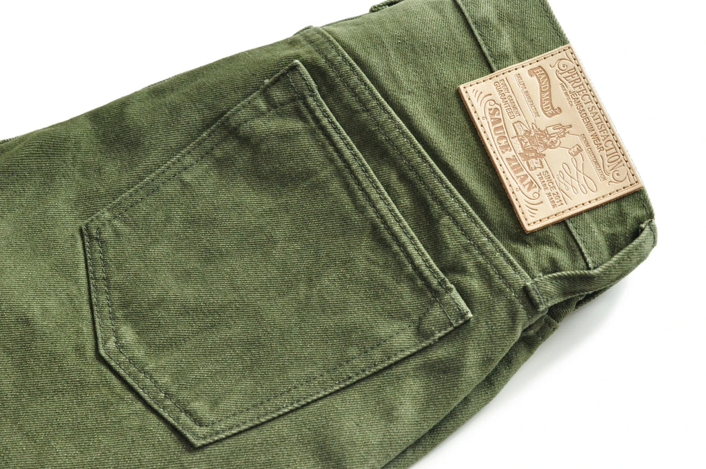 Saucezhan Men Jeans Vulcanization Olive Green 107 Selvedge Denim Jeans Men washed  Slim Fit 14 Oz  Zipper Fly