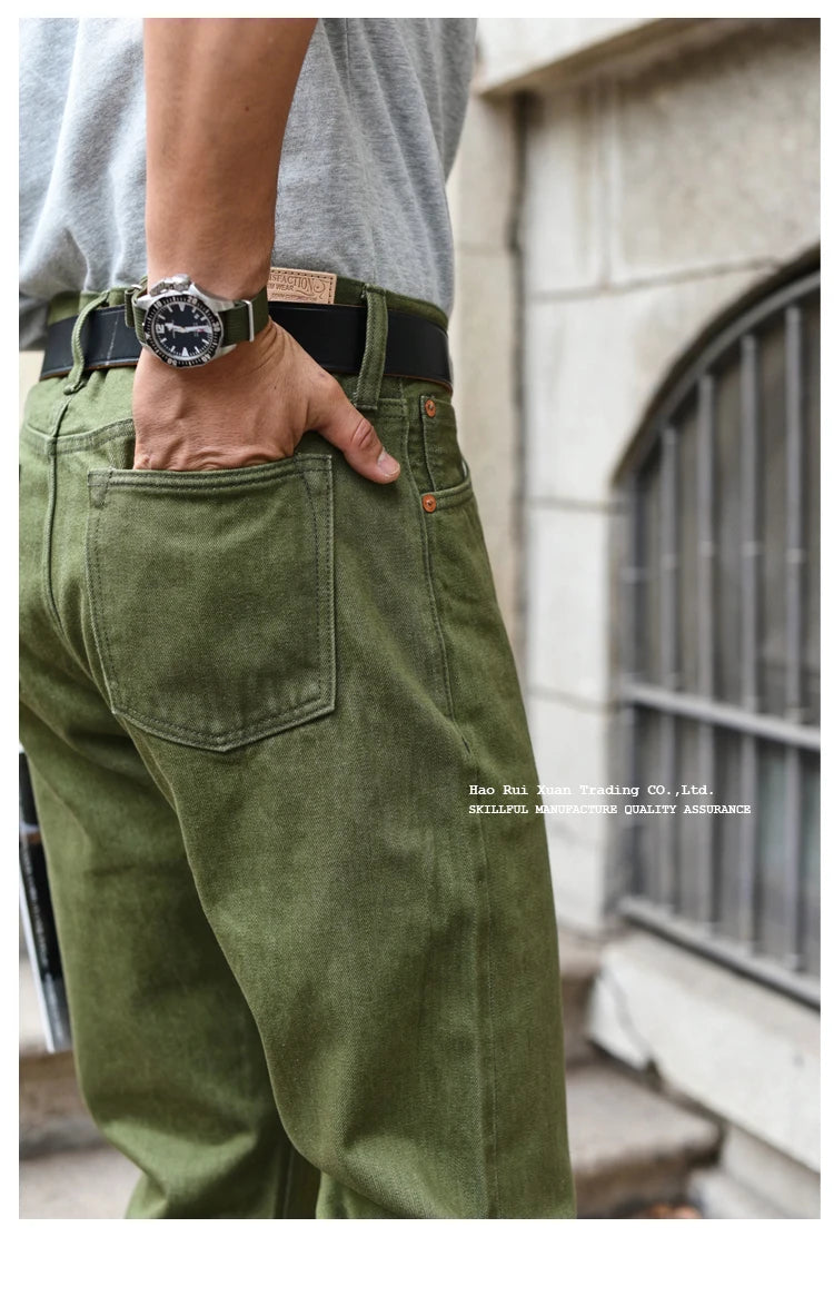 Saucezhan Men Jeans Vulcanization Olive Green 107 Selvedge Denim Jeans Men washed  Slim Fit 14 Oz  Zipper Fly