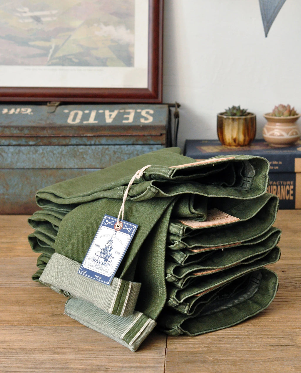 Saucezhan Men Jeans Vulcanization Olive Green 107 Selvedge Denim Jeans Men washed  Slim Fit 14 Oz  Zipper Fly