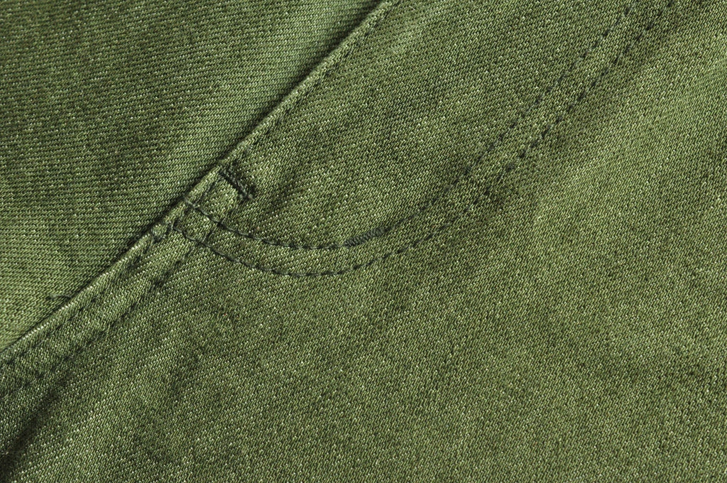 Saucezhan Men Jeans Vulcanization Olive Green 107 Selvedge Denim Jeans Men washed  Slim Fit 14 Oz  Zipper Fly