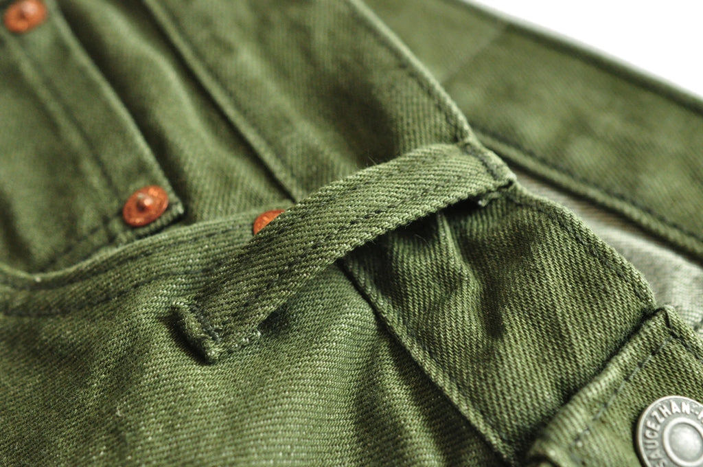 Saucezhan Men Jeans Vulcanization Olive Green 107 Selvedge Denim Jeans Men washed  Slim Fit 14 Oz  Zipper Fly