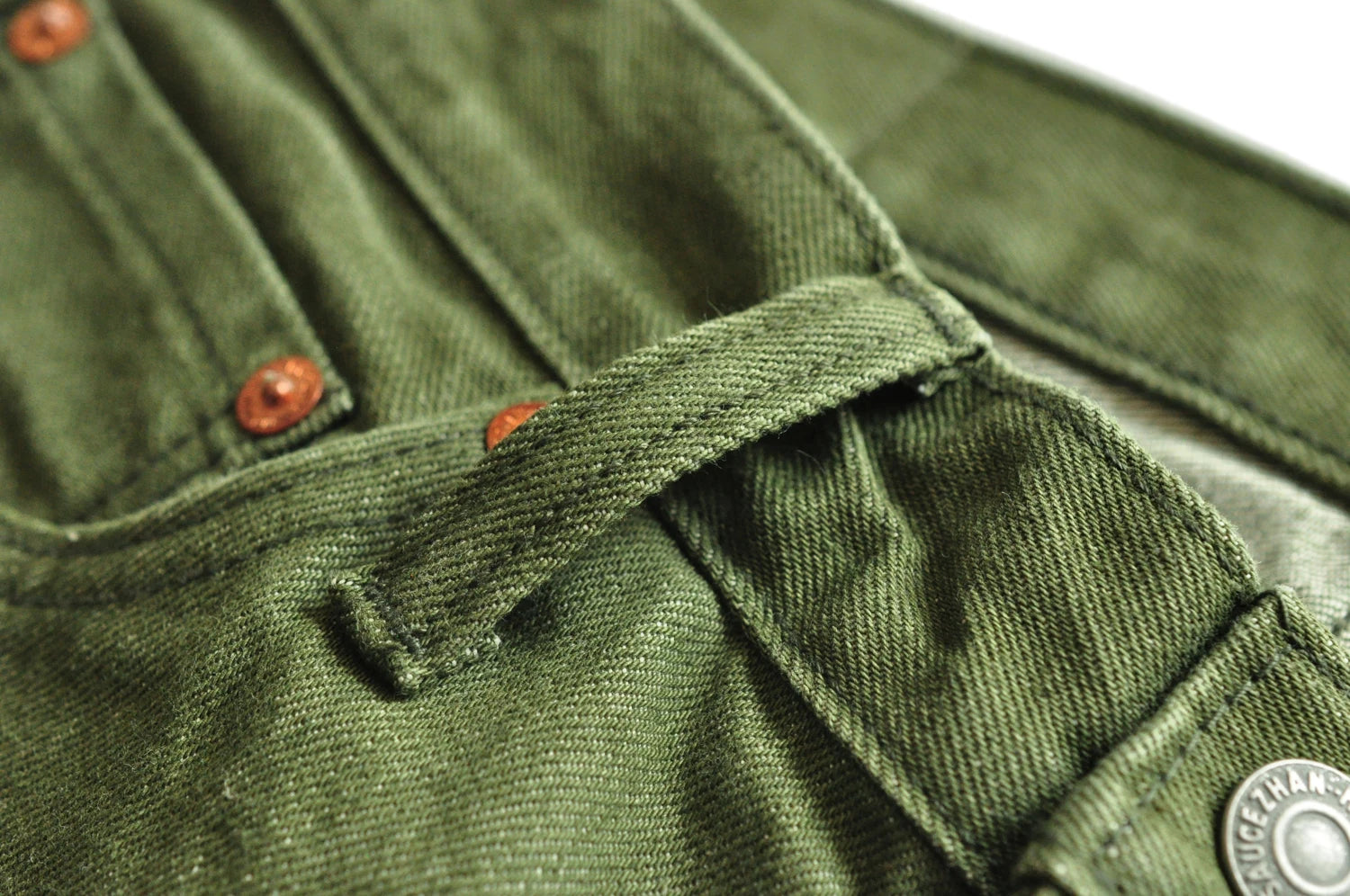 Saucezhan Men Jeans Vulcanization Olive Green 107 Selvedge Denim Jeans Men washed  Slim Fit 14 Oz  Zipper Fly