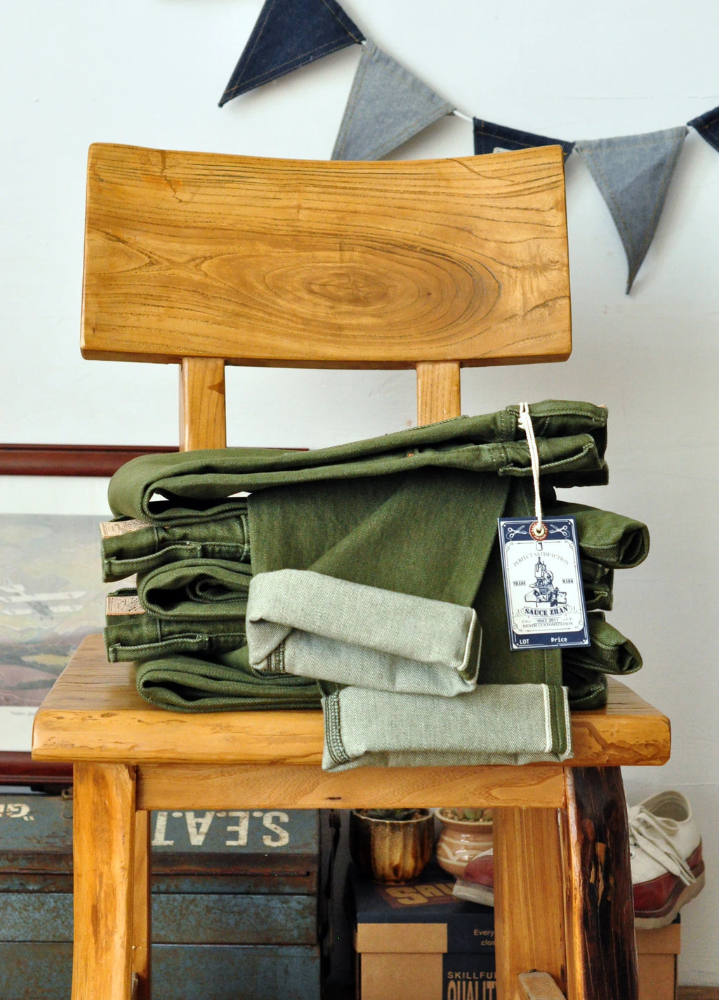 Saucezhan Men Jeans Vulcanization Olive Green 107 Selvedge Denim Jeans Men washed  Slim Fit 14 Oz  Zipper Fly