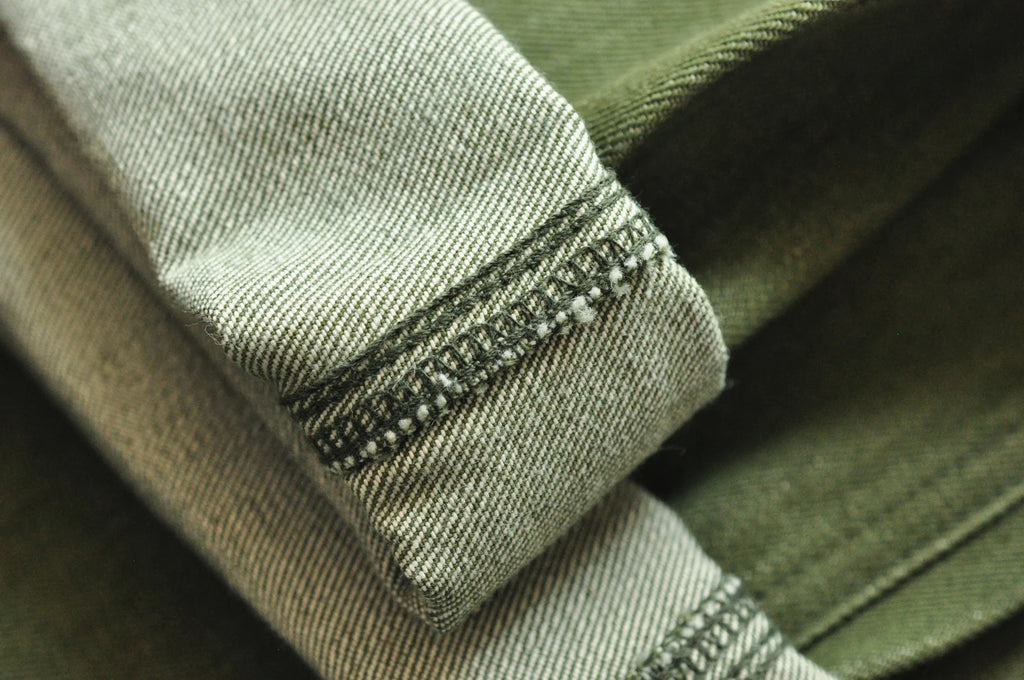 Saucezhan Men Jeans Vulcanization Olive Green 107 Selvedge Denim Jeans Men washed  Slim Fit 14 Oz  Zipper Fly