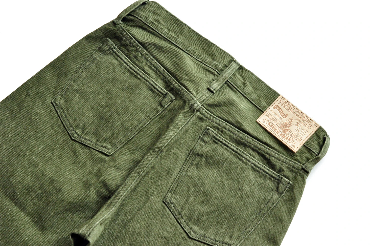 Saucezhan Men Jeans Vulcanization Olive Green 107 Selvedge Denim Jeans Men washed  Slim Fit 14 Oz  Zipper Fly