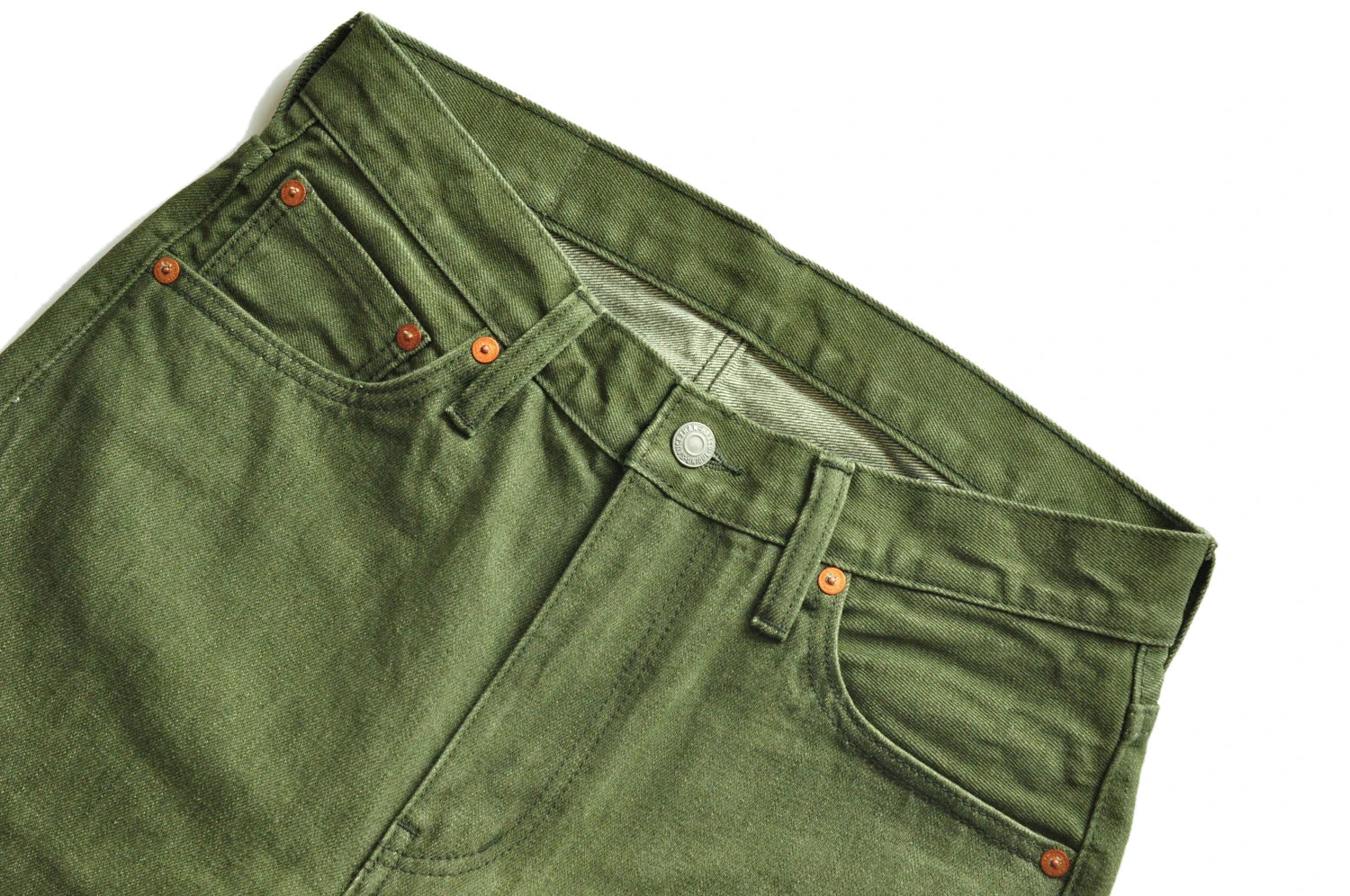 Saucezhan Men Jeans Vulcanization Olive Green 107 Selvedge Denim Jeans Men washed  Slim Fit 14 Oz  Zipper Fly