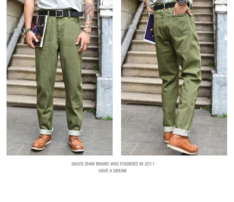 Saucezhan Men Jeans Vulcanization Olive Green 107 Selvedge Denim Jeans Men washed  Slim Fit 14 Oz  Zipper Fly