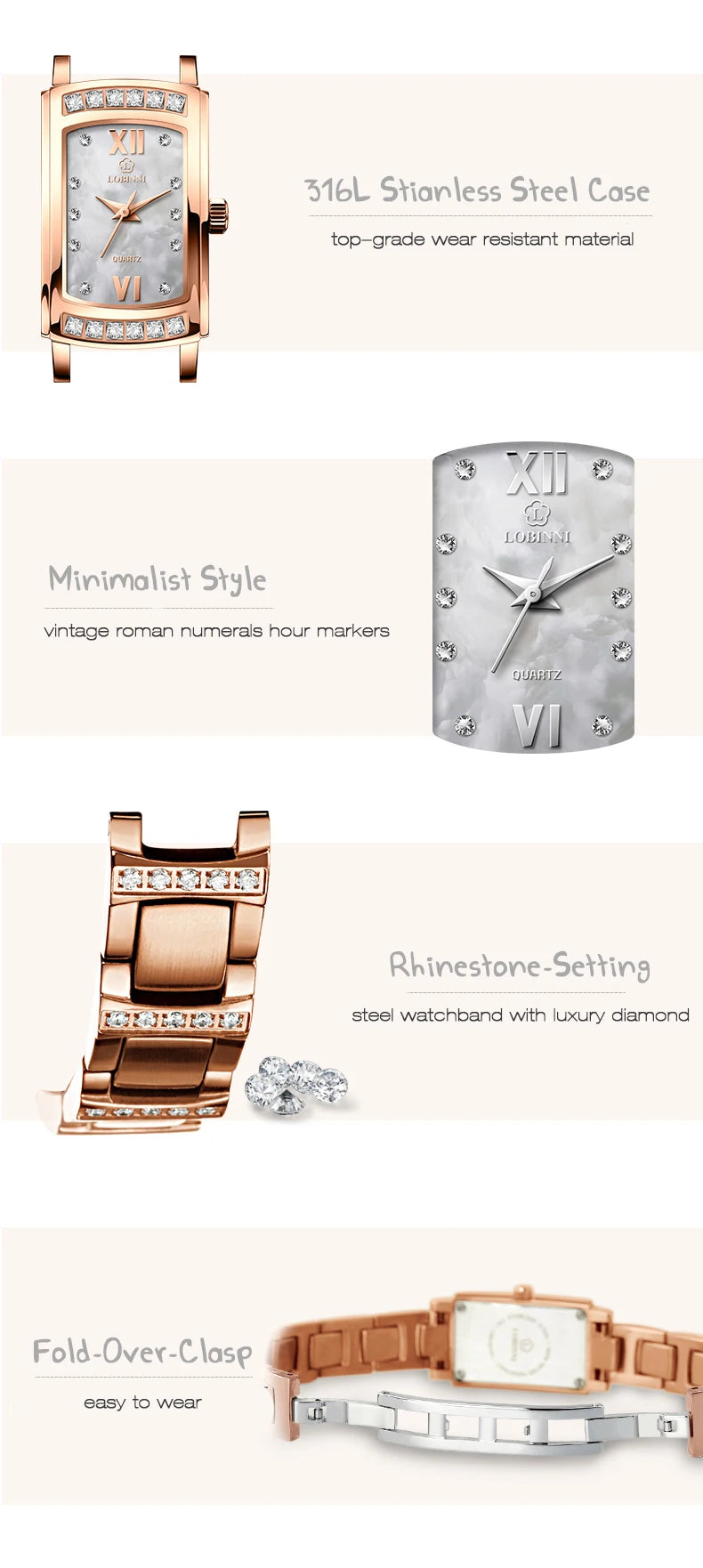 LOBINNI Women Watches Luxury Crystal Rhinestone Quartz Watch for Ladies Romantic Gift Waterproof Clock