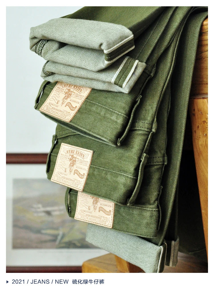 Saucezhan Men Jeans Vulcanization Olive Green 107 Selvedge Denim Jeans Men washed  Slim Fit 14 Oz  Zipper Fly