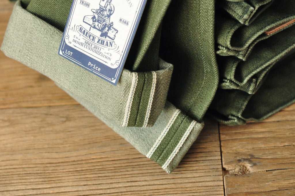 Saucezhan Men Jeans Vulcanization Olive Green 107 Selvedge Denim Jeans Men washed  Slim Fit 14 Oz  Zipper Fly