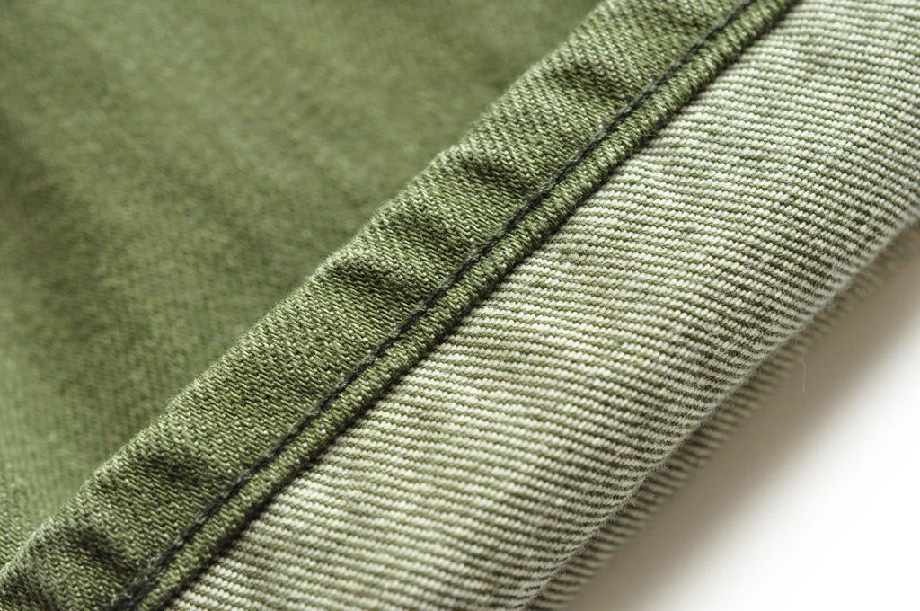 Saucezhan Men Jeans Vulcanization Olive Green 107 Selvedge Denim Jeans Men washed  Slim Fit 14 Oz  Zipper Fly