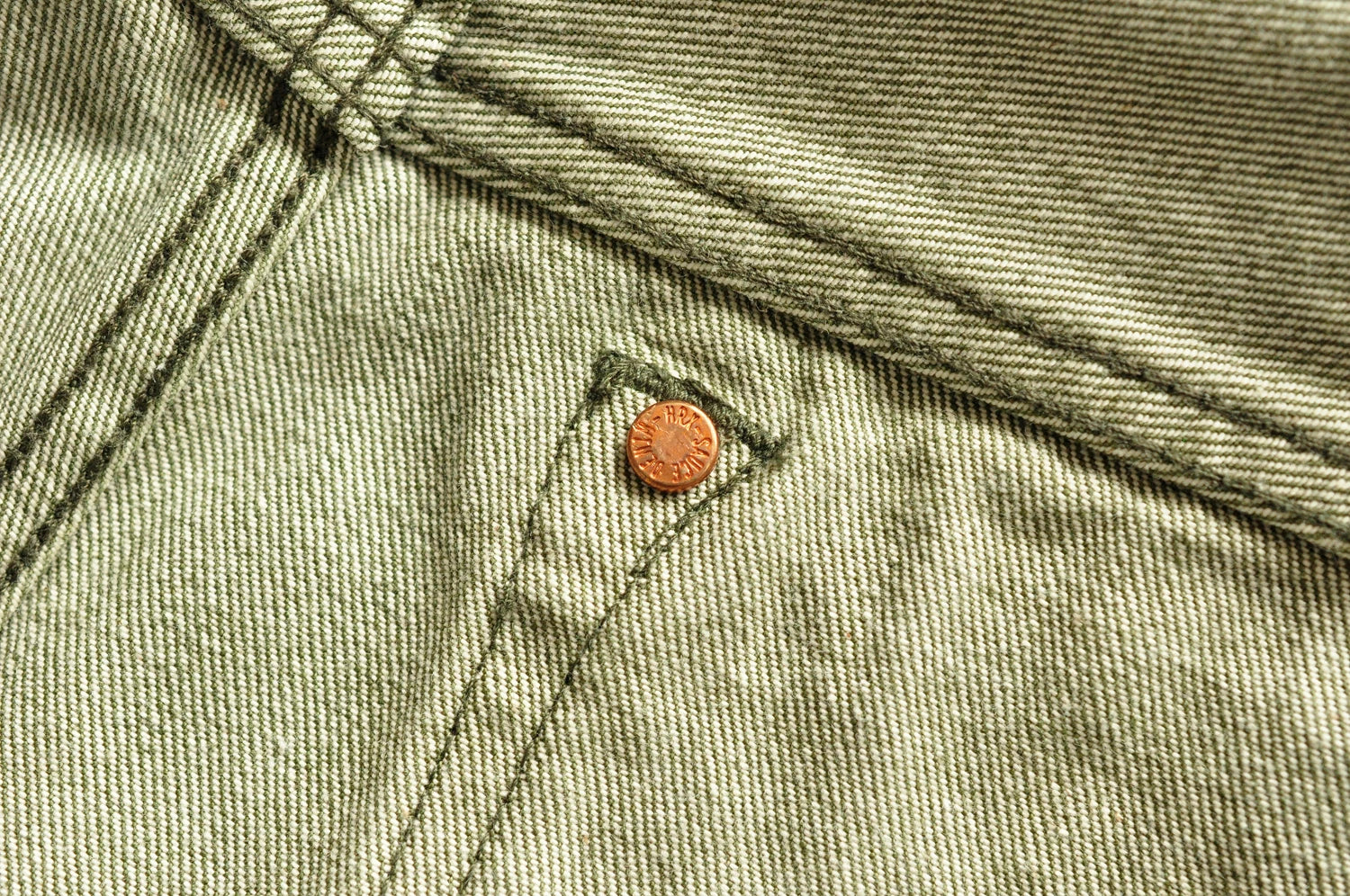 Saucezhan Men Jeans Vulcanization Olive Green 107 Selvedge Denim Jeans Men washed  Slim Fit 14 Oz  Zipper Fly