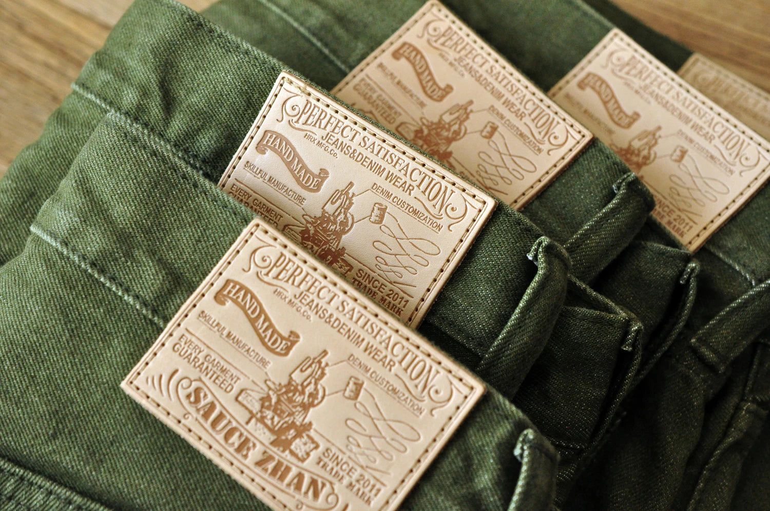 Saucezhan Men Jeans Vulcanization Olive Green 107 Selvedge Denim Jeans Men washed  Slim Fit 14 Oz  Zipper Fly