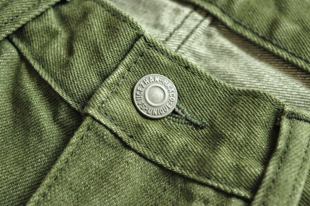 Saucezhan Men Jeans Vulcanization Olive Green 107 Selvedge Denim Jeans Men washed  Slim Fit 14 Oz  Zipper Fly