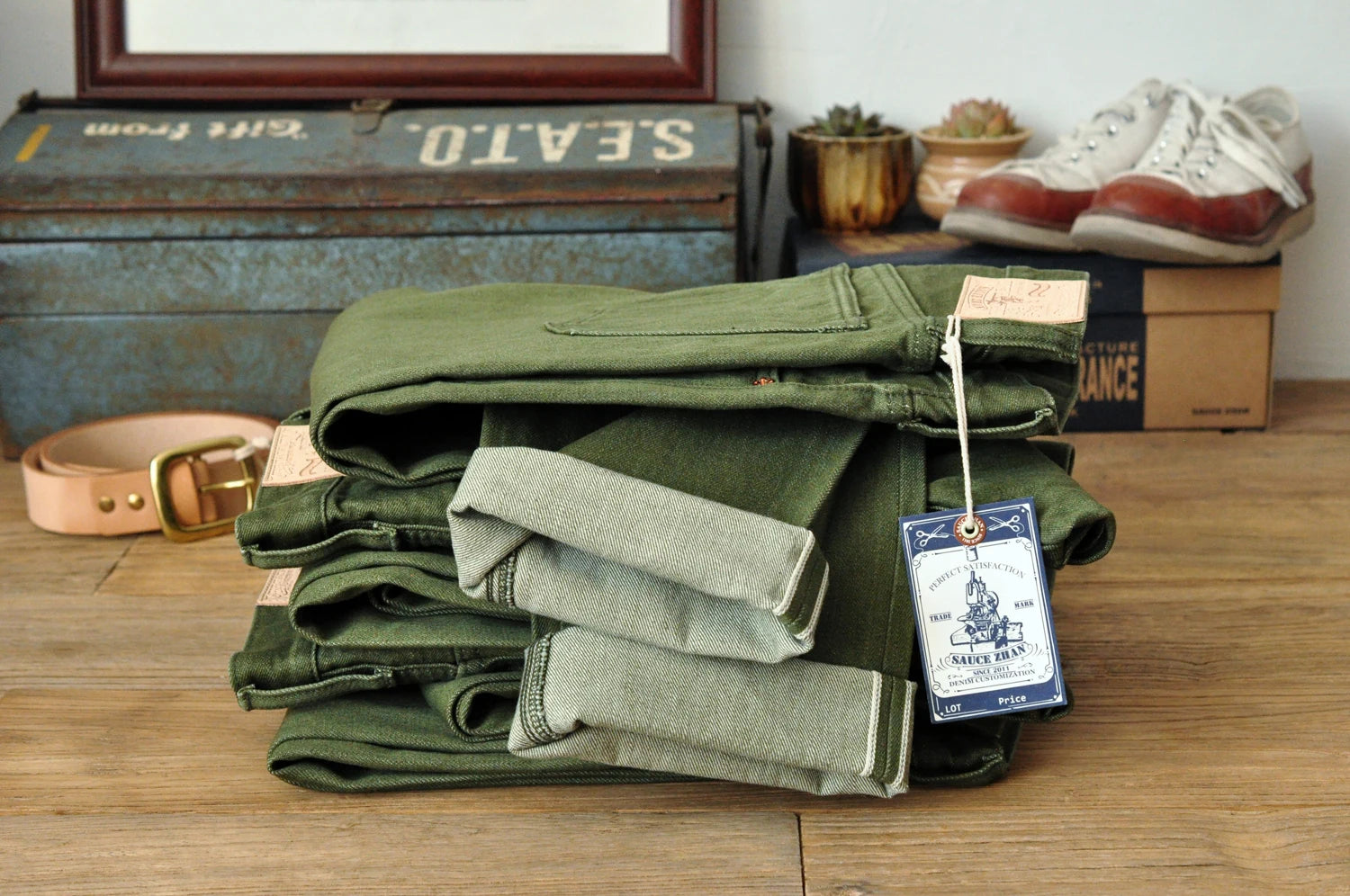 Saucezhan Men Jeans Vulcanization Olive Green 107 Selvedge Denim Jeans Men washed  Slim Fit 14 Oz  Zipper Fly