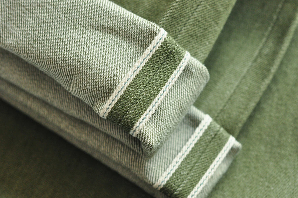 Saucezhan Men Jeans Vulcanization Olive Green 107 Selvedge Denim Jeans Men washed  Slim Fit 14 Oz  Zipper Fly