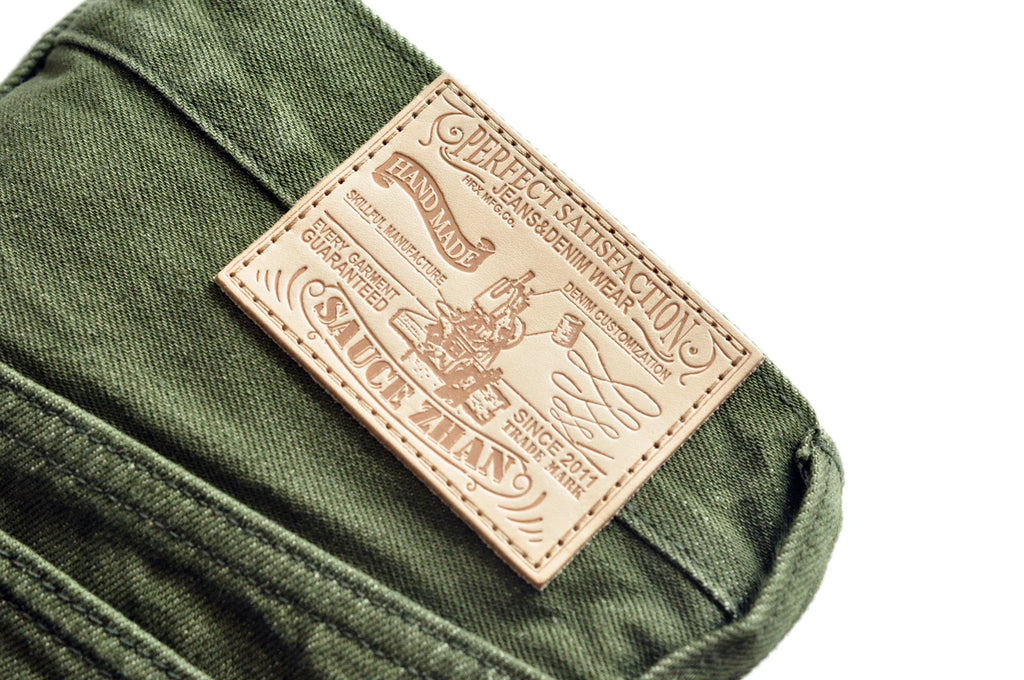 Saucezhan Men Jeans Vulcanization Olive Green 107 Selvedge Denim Jeans Men washed  Slim Fit 14 Oz  Zipper Fly