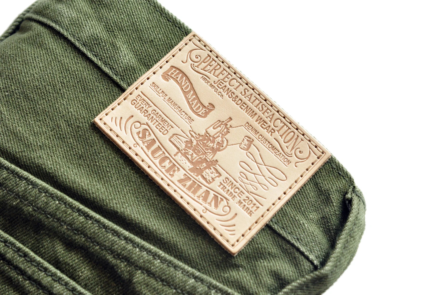 Saucezhan Men Jeans Vulcanization Olive Green 107 Selvedge Denim Jeans Men washed  Slim Fit 14 Oz  Zipper Fly