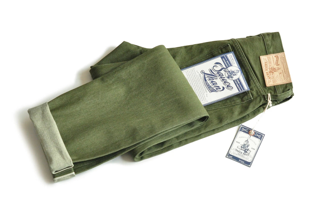 Saucezhan Men Jeans Vulcanization Olive Green 107 Selvedge Denim Jeans Men washed  Slim Fit 14 Oz  Zipper Fly