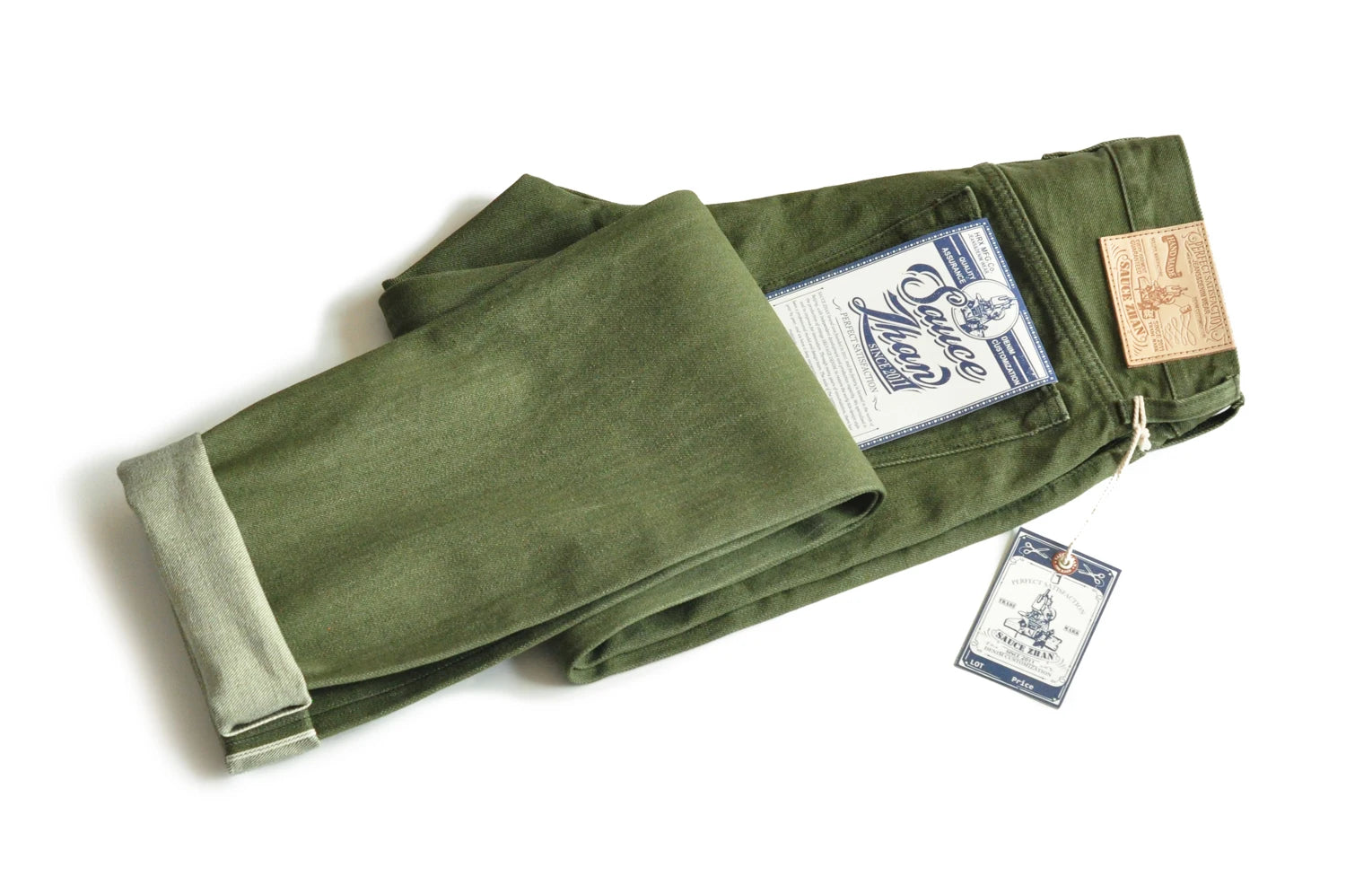 Saucezhan Men Jeans Vulcanization Olive Green 107 Selvedge Denim Jeans Men washed  Slim Fit 14 Oz  Zipper Fly