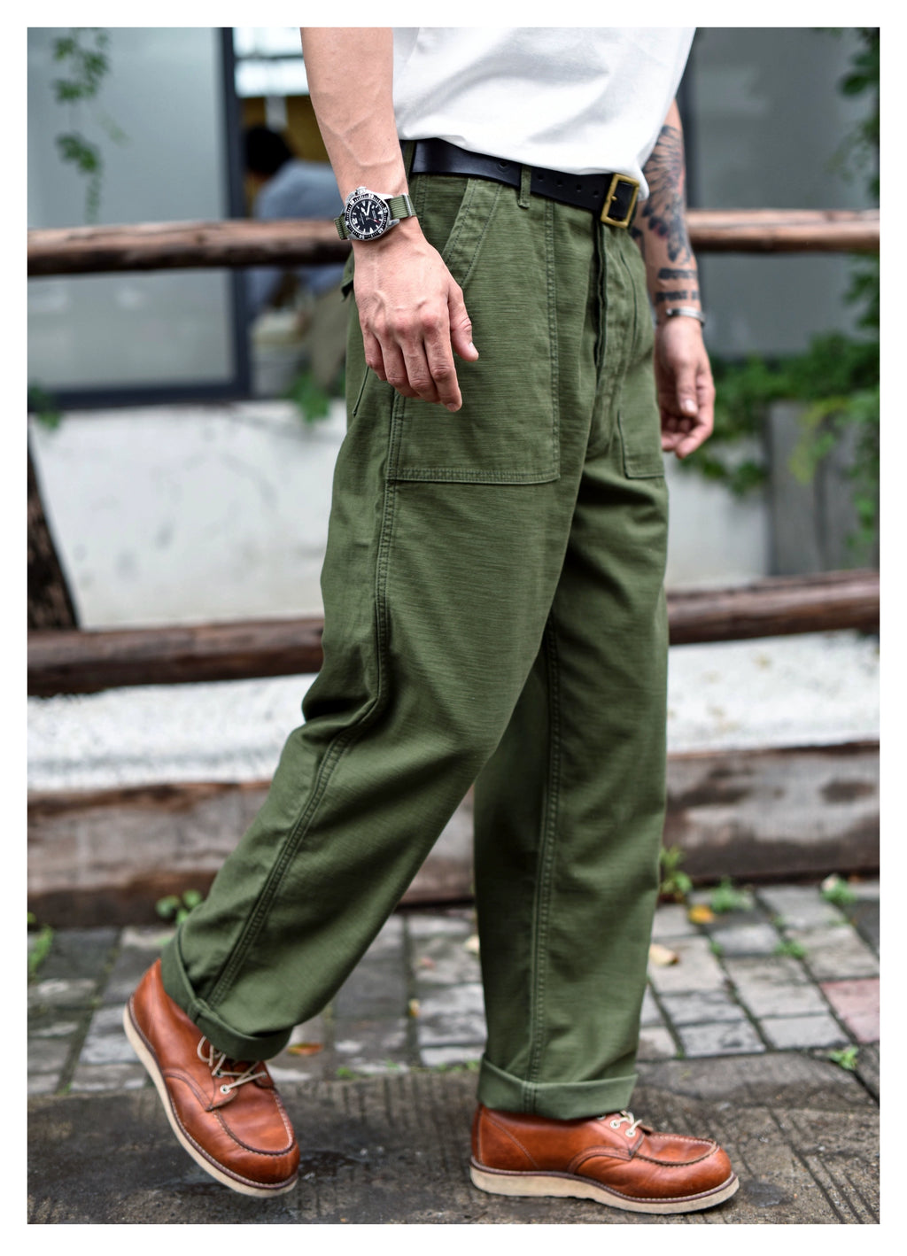 SauceZhan OG107 Fatigue Utility Pants Classic Olive Sateen Men's Baker Pants Satin Cotton Original Loose Fit