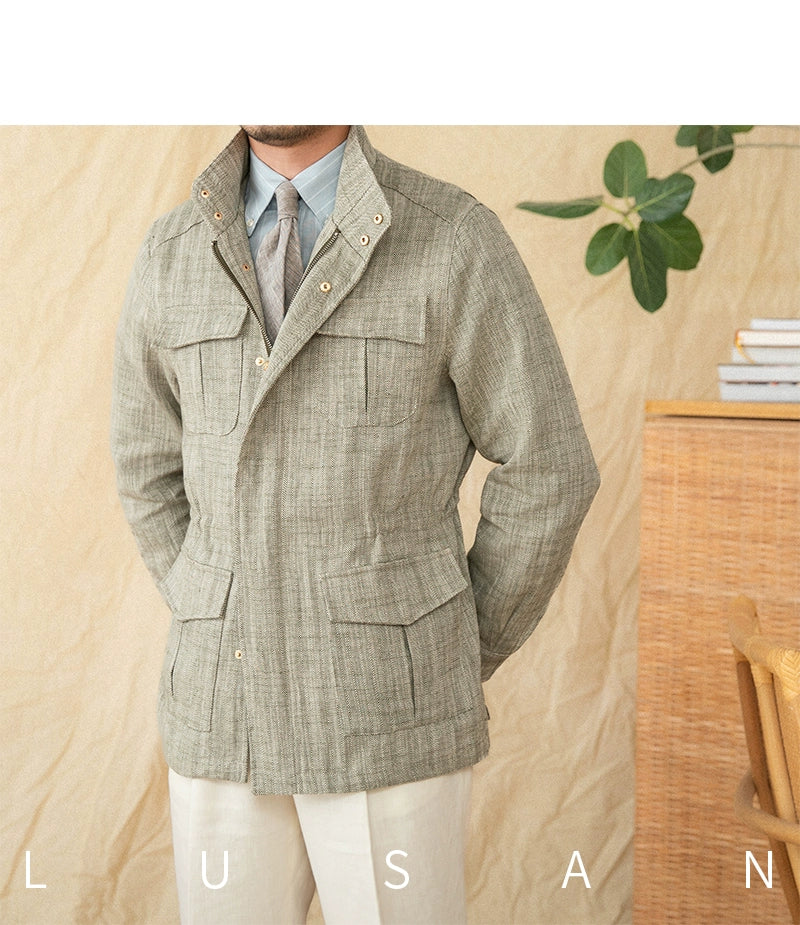 Cotton and Linen Vertical Collar Tight Waist M65 Hunting Jacket Retro All-match Spring and Summer Lightweight Casual Jacket