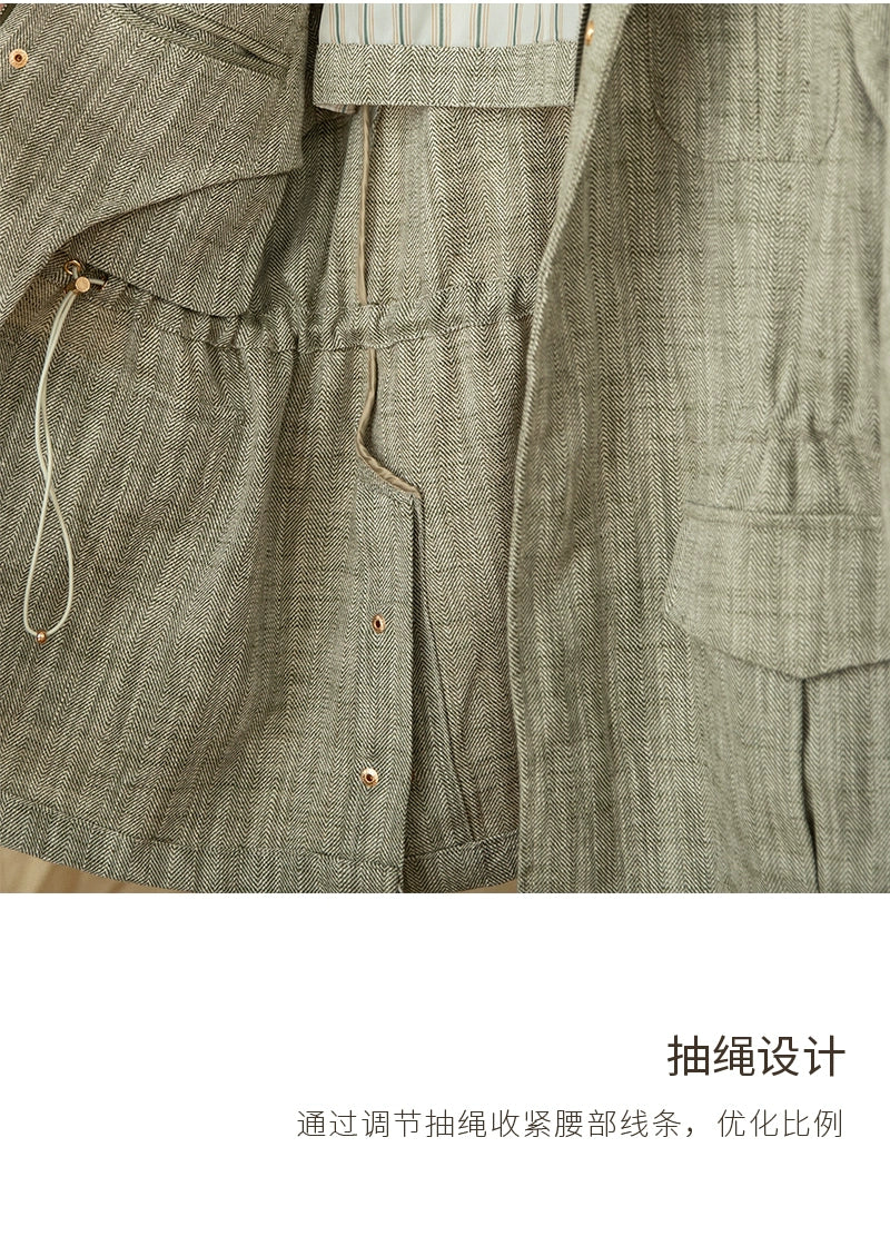 Cotton and Linen Vertical Collar Tight Waist M65 Hunting Jacket Retro All-match Spring and Summer Lightweight Casual Jacket