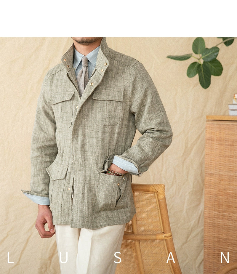 Cotton and Linen Vertical Collar Tight Waist M65 Hunting Jacket Retro All-match Spring and Summer Lightweight Casual Jacket