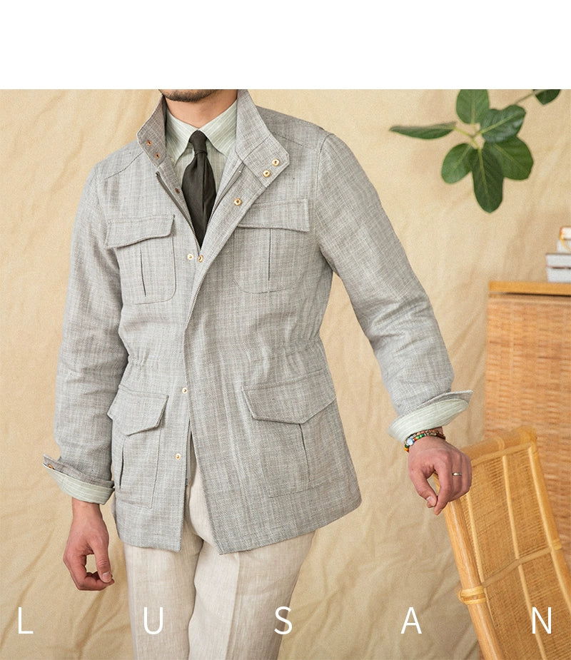 Cotton and Linen Vertical Collar Tight Waist M65 Hunting Jacket Retro All-match Spring and Summer Lightweight Casual Jacket