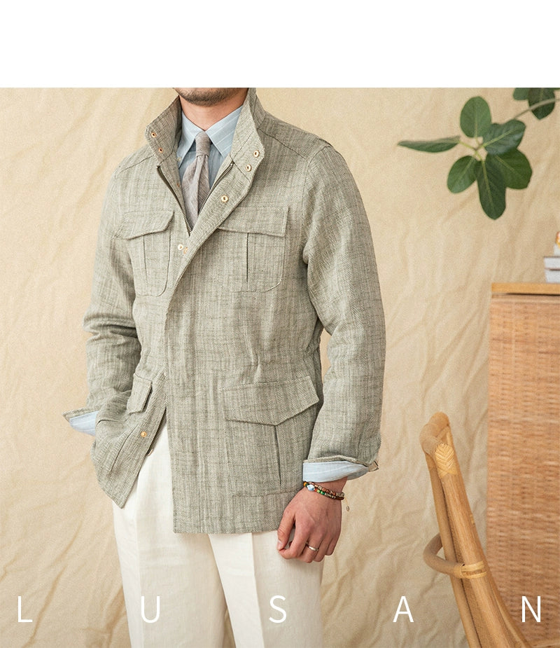 Cotton and Linen Vertical Collar Tight Waist M65 Hunting Jacket Retro All-match Spring and Summer Lightweight Casual Jacket