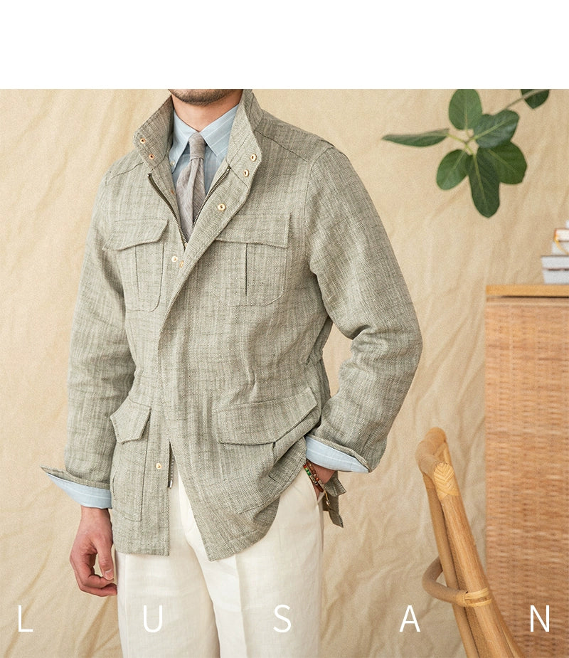 Cotton and Linen Vertical Collar Tight Waist M65 Hunting Jacket Retro All-match Spring and Summer Lightweight Casual Jacket