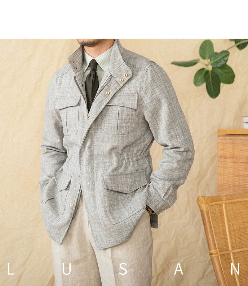 Cotton and Linen Vertical Collar Tight Waist M65 Hunting Jacket Retro All-match Spring and Summer Lightweight Casual Jacket