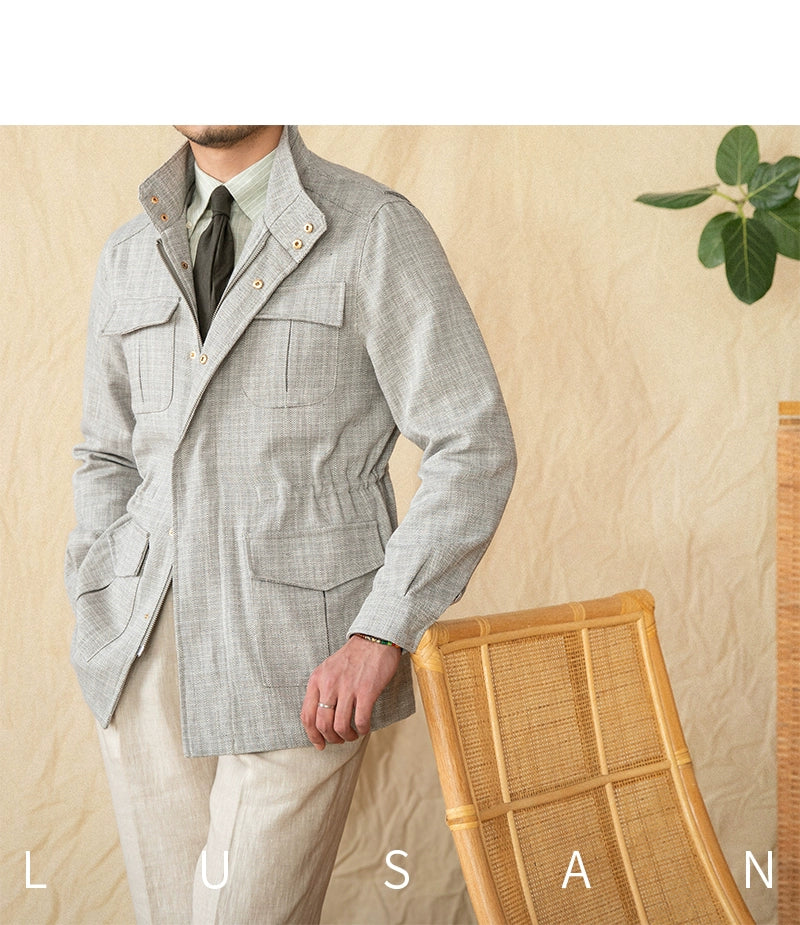 Cotton and Linen Vertical Collar Tight Waist M65 Hunting Jacket Retro All-match Spring and Summer Lightweight Casual Jacket