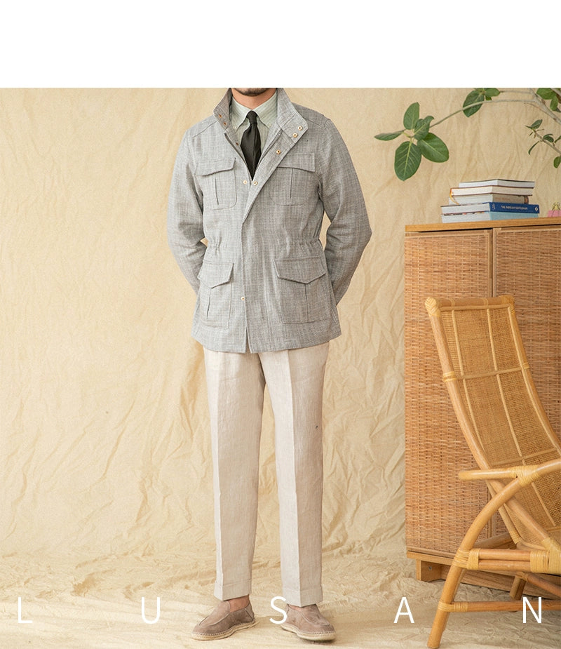 Cotton and Linen Vertical Collar Tight Waist M65 Hunting Jacket Retro All-match Spring and Summer Lightweight Casual Jacket