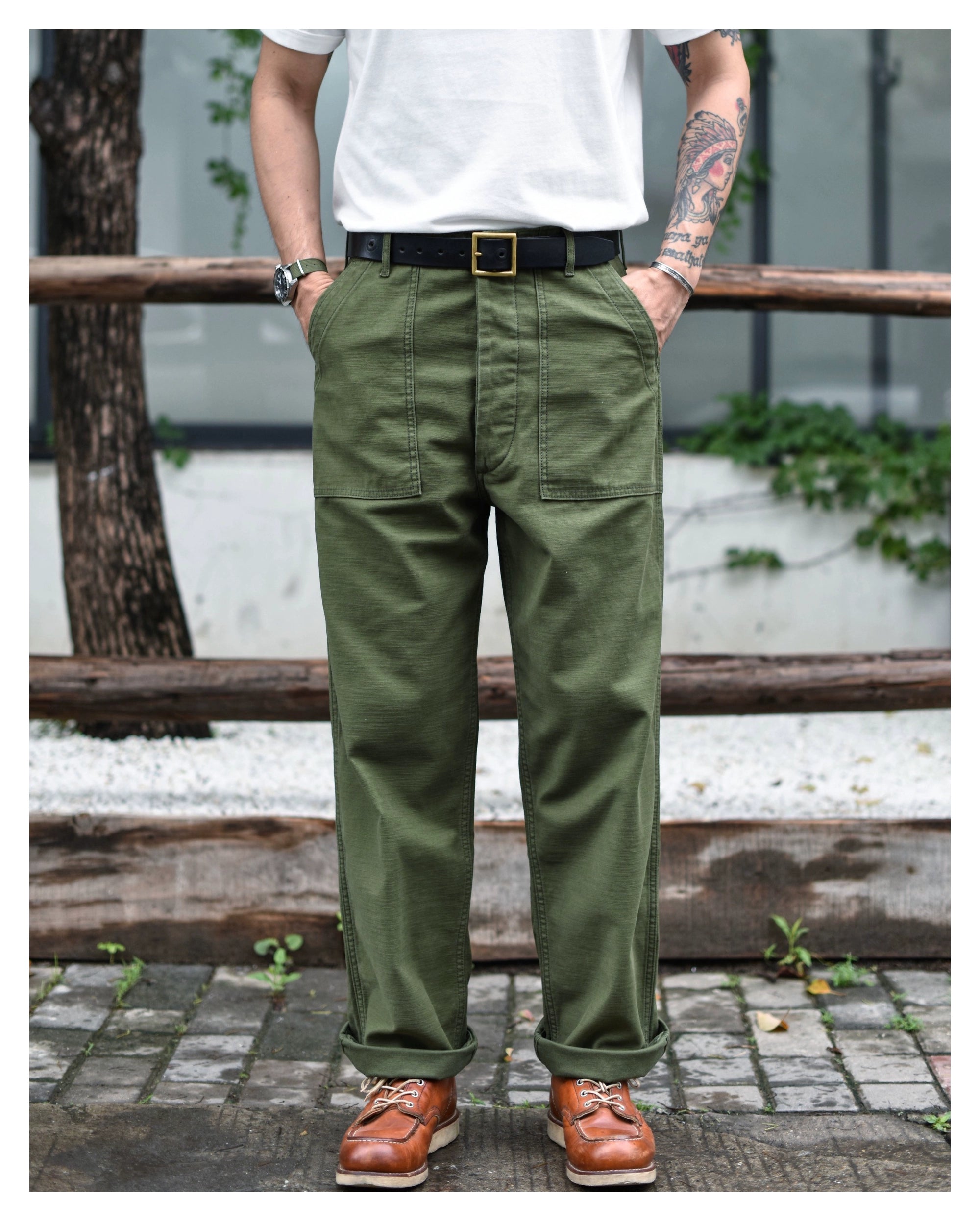 SauceZhan OG107 Fatigue Utility Pants Classic Olive Sateen Men's Baker Pants Satin Cotton Original Loose Fit