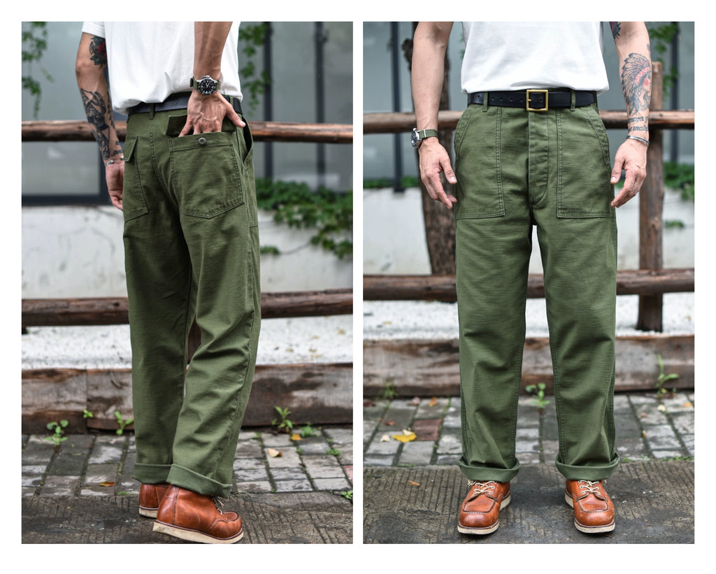 SauceZhan OG107 Fatigue Utility Pants Classic Olive Sateen Men's Baker Pants Satin Cotton Original Loose Fit