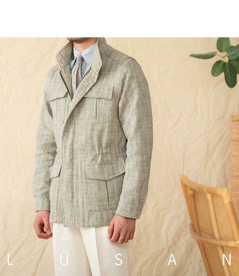 Cotton and Linen Vertical Collar Tight Waist M65 Hunting Jacket Retro All-match Spring and Summer Lightweight Casual Jacket