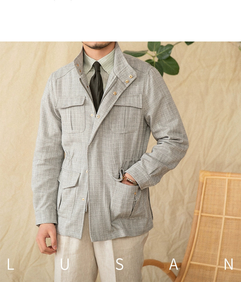 Cotton and Linen Vertical Collar Tight Waist M65 Hunting Jacket Retro All-match Spring and Summer Lightweight Casual Jacket