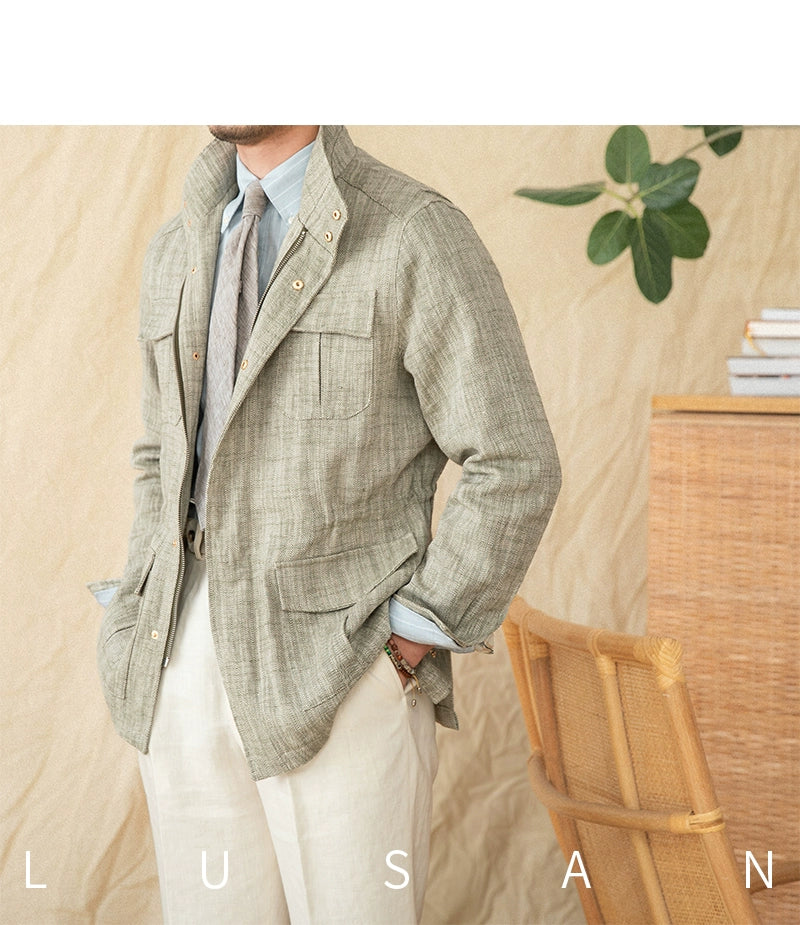 Cotton and Linen Vertical Collar Tight Waist M65 Hunting Jacket Retro All-match Spring and Summer Lightweight Casual Jacket