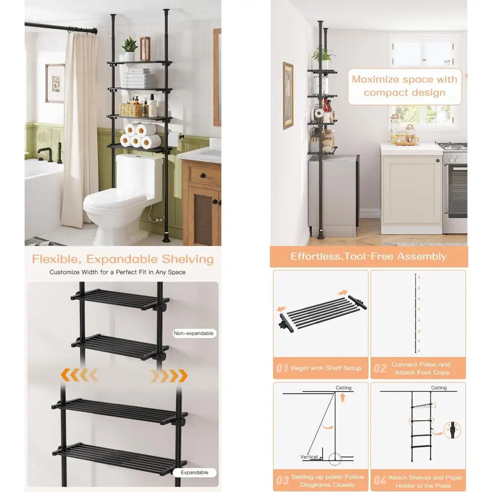 allzone adjustable over the toilet storage shelf, 4-tier ample over toilet bathroom organizer and storage,tension mounted above