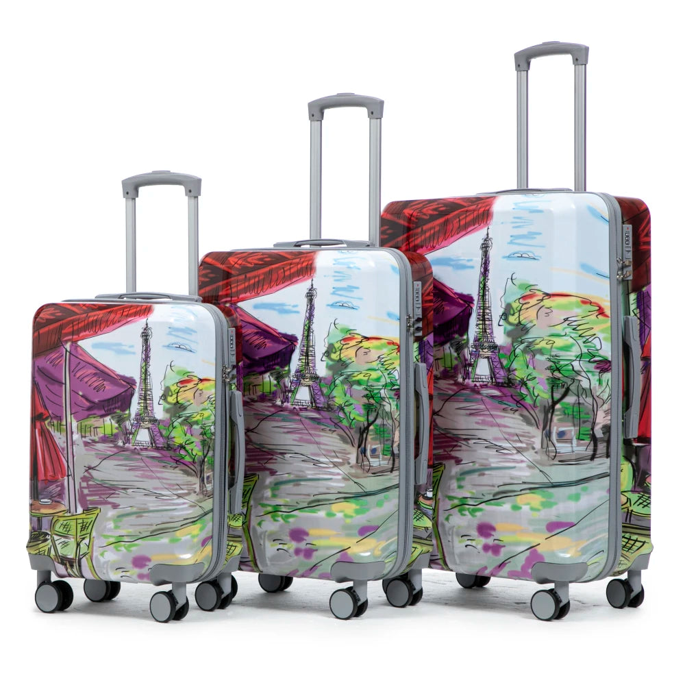 20"/24"/28" 3 pcs/set in PC Spinner Wheel Luggage, Carry on Suitcase, With Printed pattern and Combination Lock