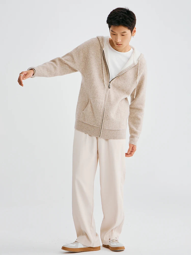 High Quality Autumn Winter Men Hooded Cashmere Sweater Long Sleeve Casual Loose 100% Merino Wool Cardigan Knitwear Clothing Tops