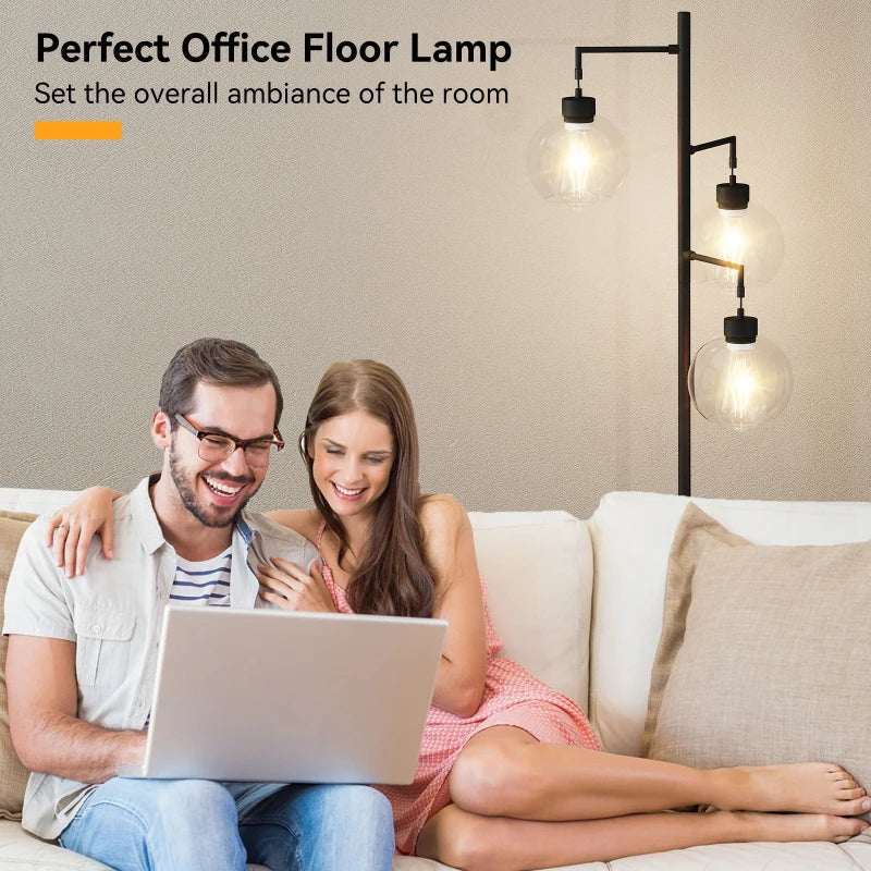 67 Tree Shaped Living Room Floor Lamp 3 Lights Glass Shades Foot Switch Matte Black Metal Industrial Style Easy Assembly