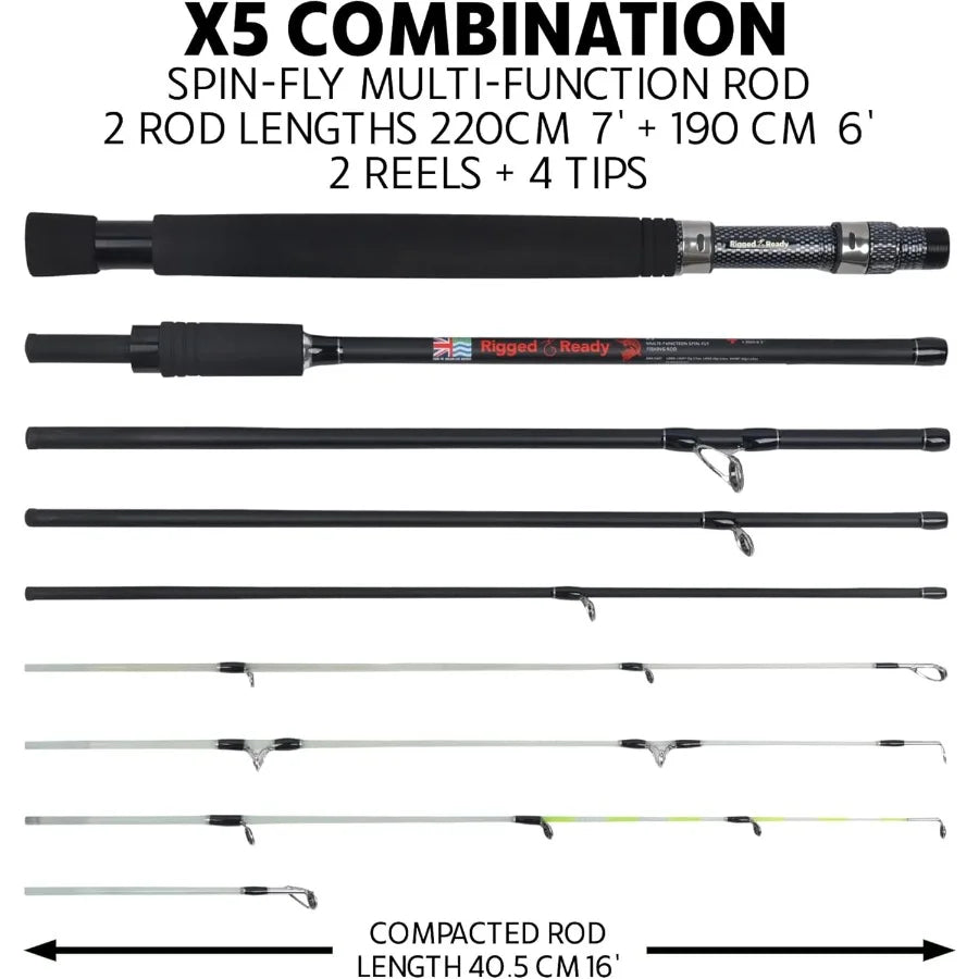 Rigged Ready X Series Travel Fishing Rods. 6 Super Compact MultiFunctional Portable Spin Bass Carp Lure Float Fly Combos + Pole