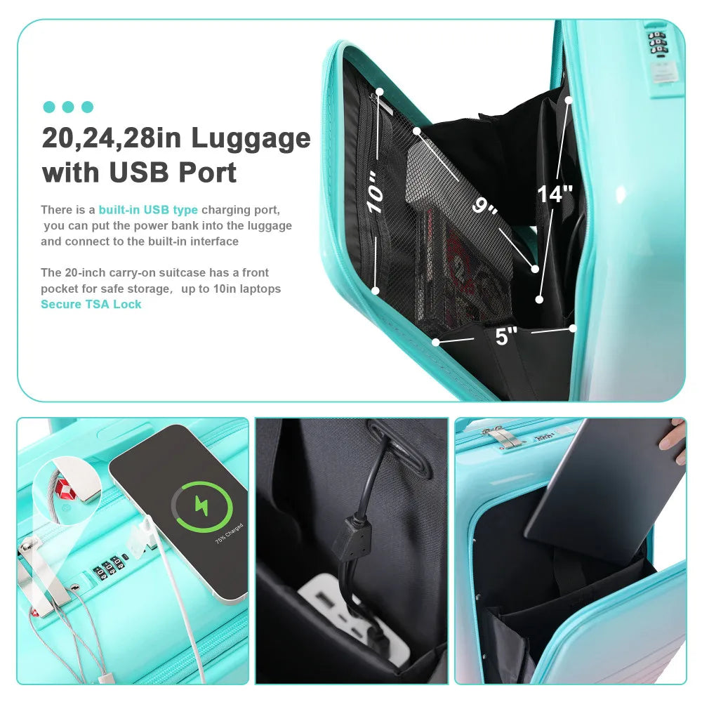 USB Port 20 24inch Front Opening Design Airline Certified Carry on Luggage ABS+PC Hard Shell Luggage with Spinner Wheels
