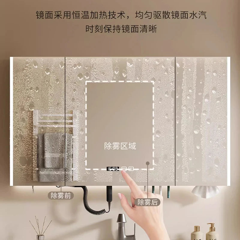 Nordic Luxury Smart Bathroom Mirror Cabinet Wall-mounted LED Light Anti-fog Bathroom Mirror Simple Bathroom Furniture FYBC